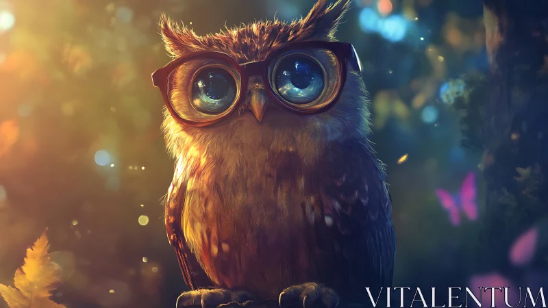 Whimsical Owl with Glasses in Magical Forest, Digital Art Style.