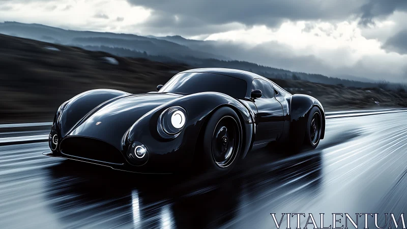 Sleek black sports car glides along a rain soaked open highway