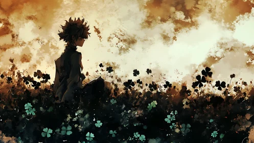 Quiet cloverfield daydream with a thoughtful anime boy.