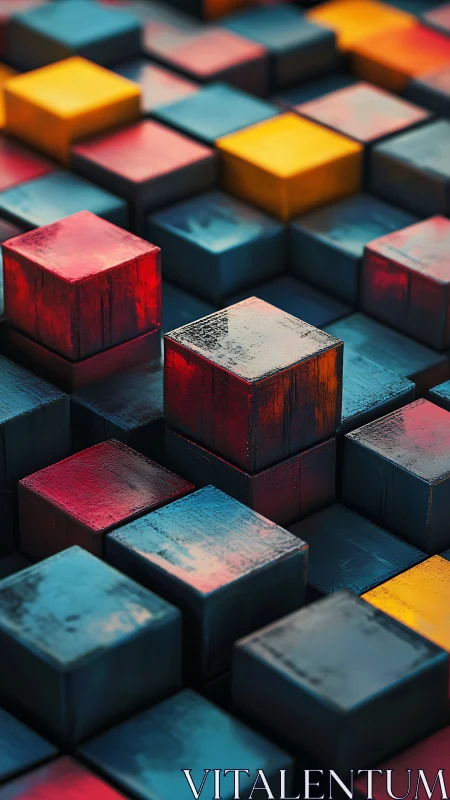 Color-blocked cubes rise in a moody geometric landscape.
