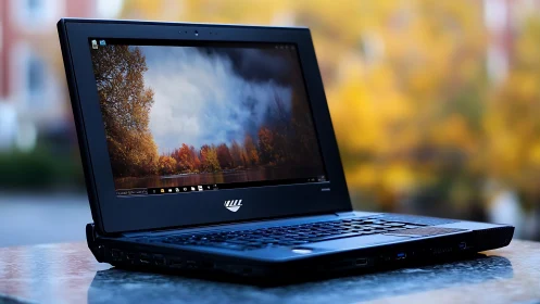 Sleek black laptop outdoors with autumn landscape display.