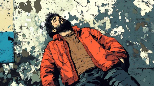 Man in red jacket lies on weathered, peeling concrete ground