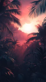 Sunset glow drifting through a dreamlike tropical jungle.