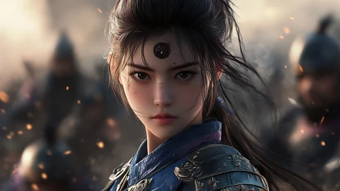 Digital painting portrait of armored warrior heroine in battlefield.