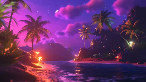 Neon Tropical Paradise: Luminescent Coastal Scene With Purple Sky