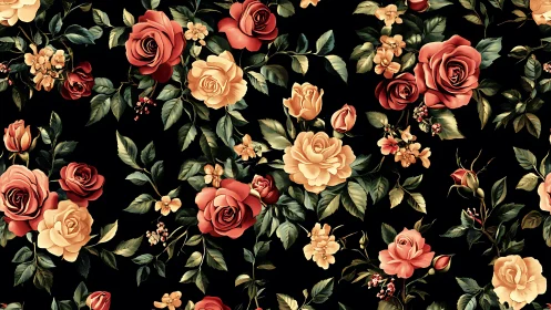 Vintage Floral Pattern with Roses on Black Background.
