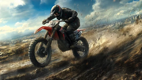 Motocross racer carves muddy track under stormy sky.