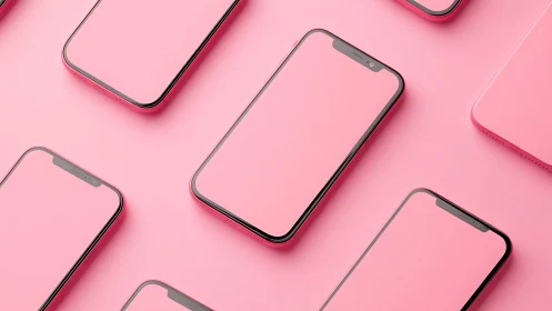 Pink smartphones align in diagonal pattern on monochrome surface