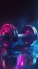 Neon night dumbbell glowing like a cyberpunk power totem.