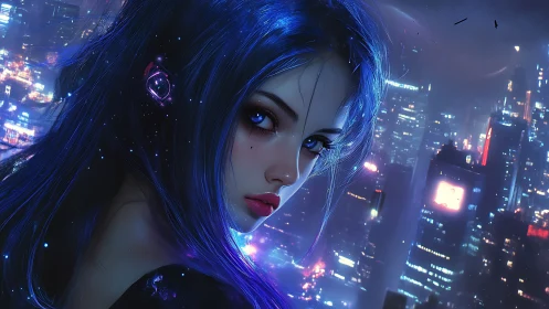 Blue haired cybernetic woman overlooks neon city skyline