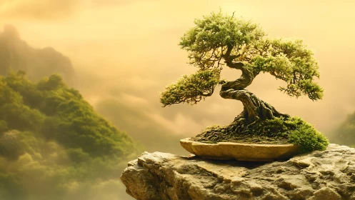 Bonsai tree crowns misty canyon under golden sunset sky.