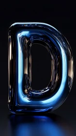 Glossy blue glass letter D on dark reflective background.