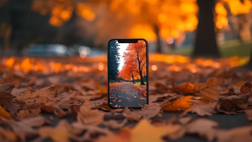 Photorealistic smartphone framing autumn park perspective.