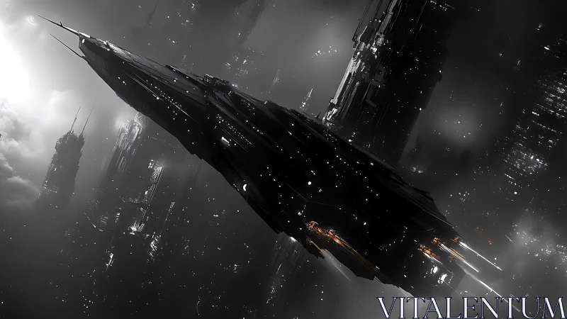 Monolithic starship cuts through a dense futuristic city’s haze