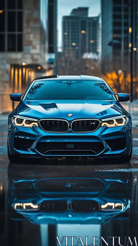 Blue BMW sedan front view reflected on wet urban street