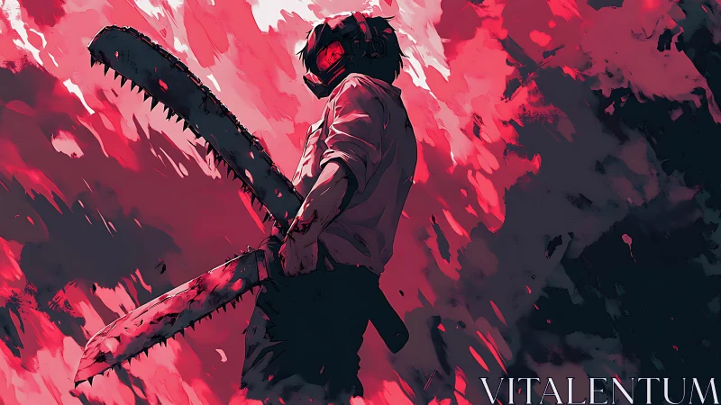 Chainsaw-armed warrior stands amid explosive crimson chaos.