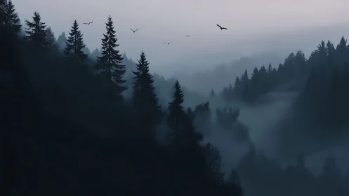 Layered Coniferous Forest Silhouettes with Atmospheric Fog and Avian Movement.