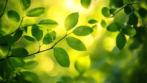 Sunlit Green Leaves Close-Up with Soft Bokeh Background.