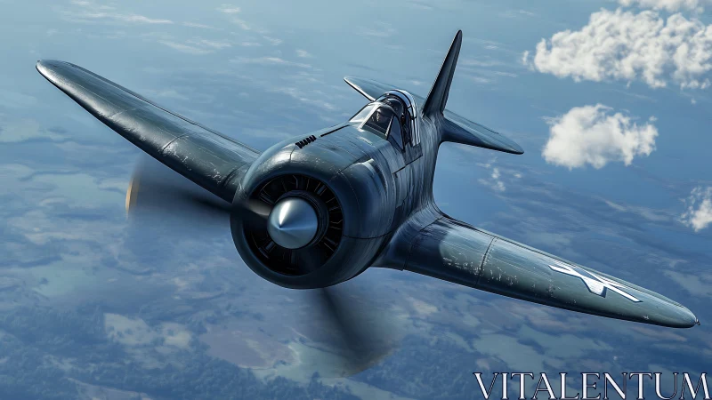 Photorealistic WWII fighter aircraft rendered in dynamic flight