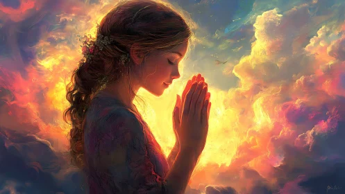Luminous profile of praying girl amid iridescent cloudfield.