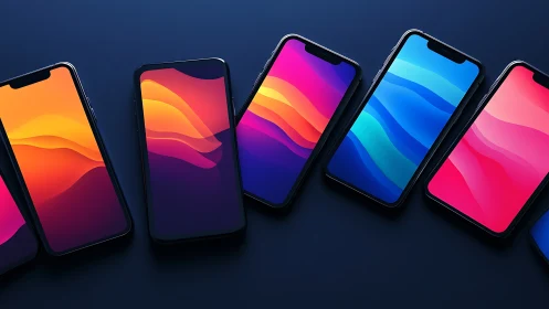 Five Luminous Phones Dancing Through Gradient Dreamscapes.