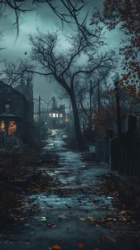 Deserted residential alleyway at dusk with wet pavement.