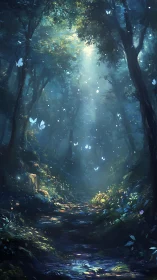 Enchanted Forest Path with Glowing Butterflies and Light.