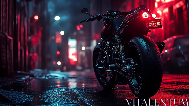 Midnight sport bike in neon drenched cyberpunk alleyway.