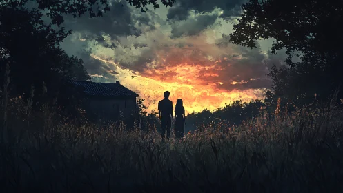 Silhouetted figures in field against dense sunset sky.