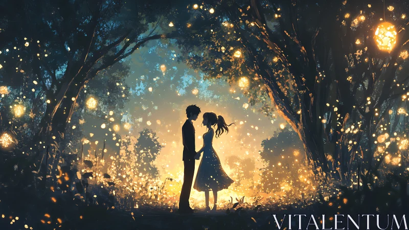 Silhouettes hold hands beneath luminous trees.