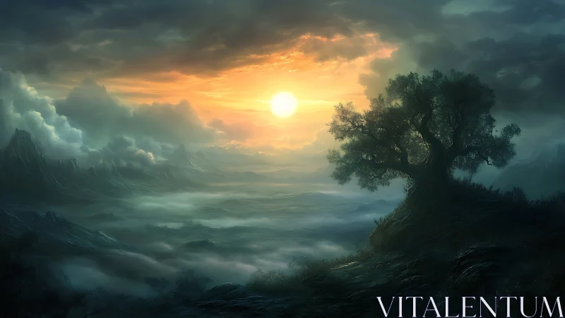 Gentle sunrise over misty valleys and a quiet ancient tree.