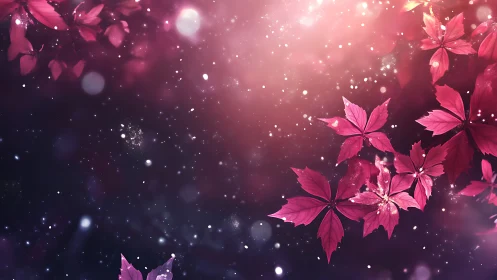 Luminous magenta leaves drift across a cosmic bokeh field