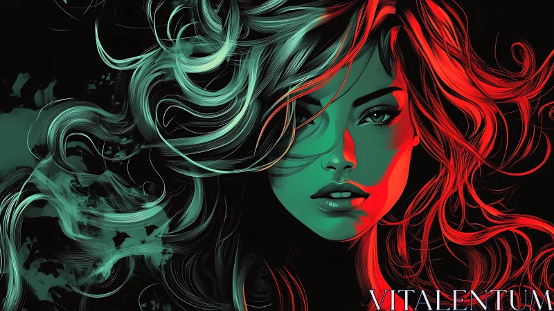 Neon-lit femme portrait merges flowing hair with bold contrast