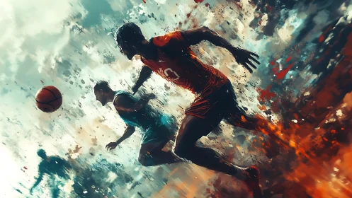 Dynamic basketball sprint explodes through abstract color field