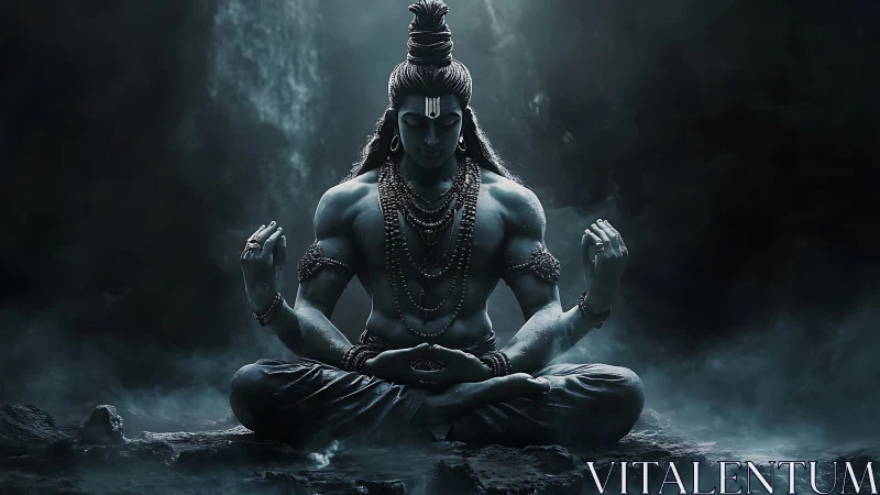 Digital painting of meditative deity in chiaroscuro cavern.