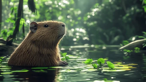 Capybara resting in sunlit jungle pond, vivid detail.