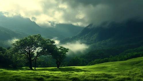 Mistlit emerald valley under brooding mountain clouds.