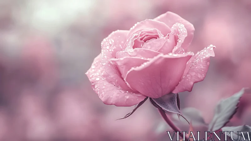 Pink rose macro with dewdrops against soft pastel bokeh.