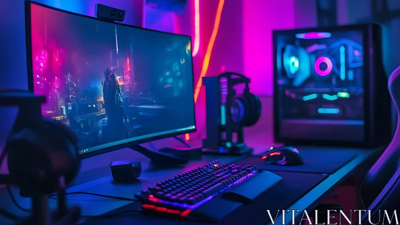 Neon-lit gaming command center glows in cyber twilight.