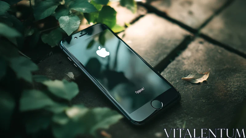 iPhone rests among ivy and fallen leaves on weathered pavement.