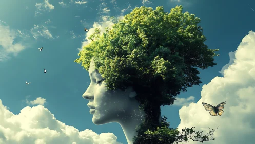 Serene tree-headed goddess merges sky, clouds and butterflies