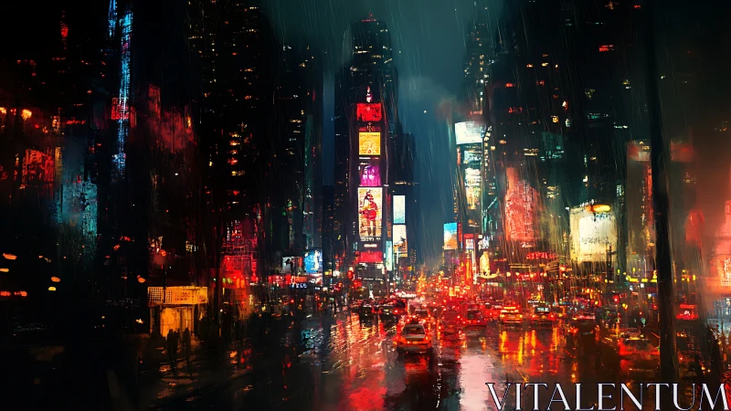 Neon rain over midnight city streets in vivid abstraction.