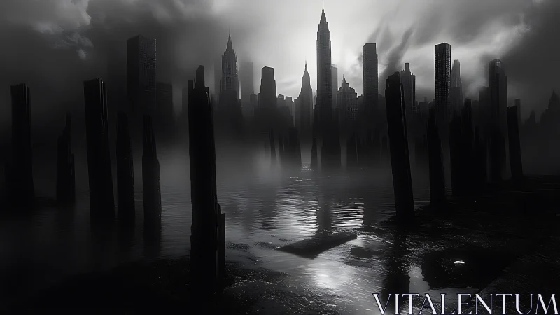 Moody misty skyline rising beyond quiet reflective waters.