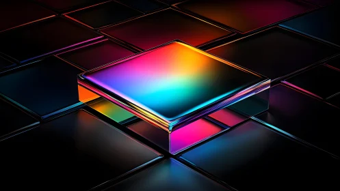 Vibrant Glass Tile on Black Grid in Futuristic Digital Art Style.
