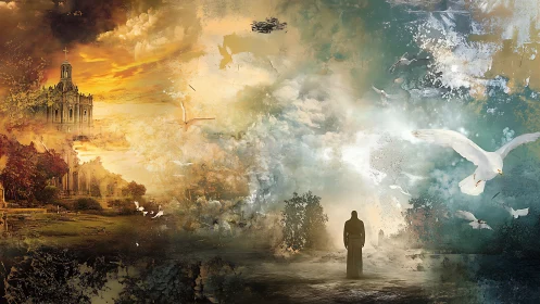 Solitary robed figure between church landscape and sky doves.