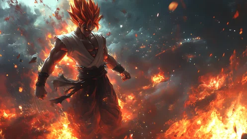 Fiery anime warrior strides through apocalyptic inferno