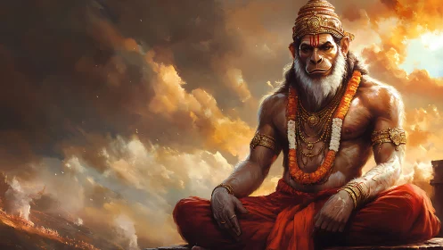 Storm-lit monkey warrior meditates in molten skies of gold.