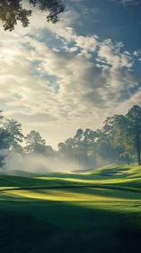 Sunlit golf course fairway with trees and layered clouds.