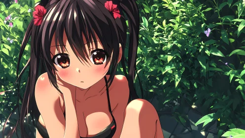 Sunlit Garden Daydream with Shy Twin-Tailed Girl.