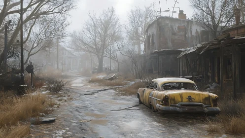Rusted sedan dreaming in a fog-choked abandoned street.